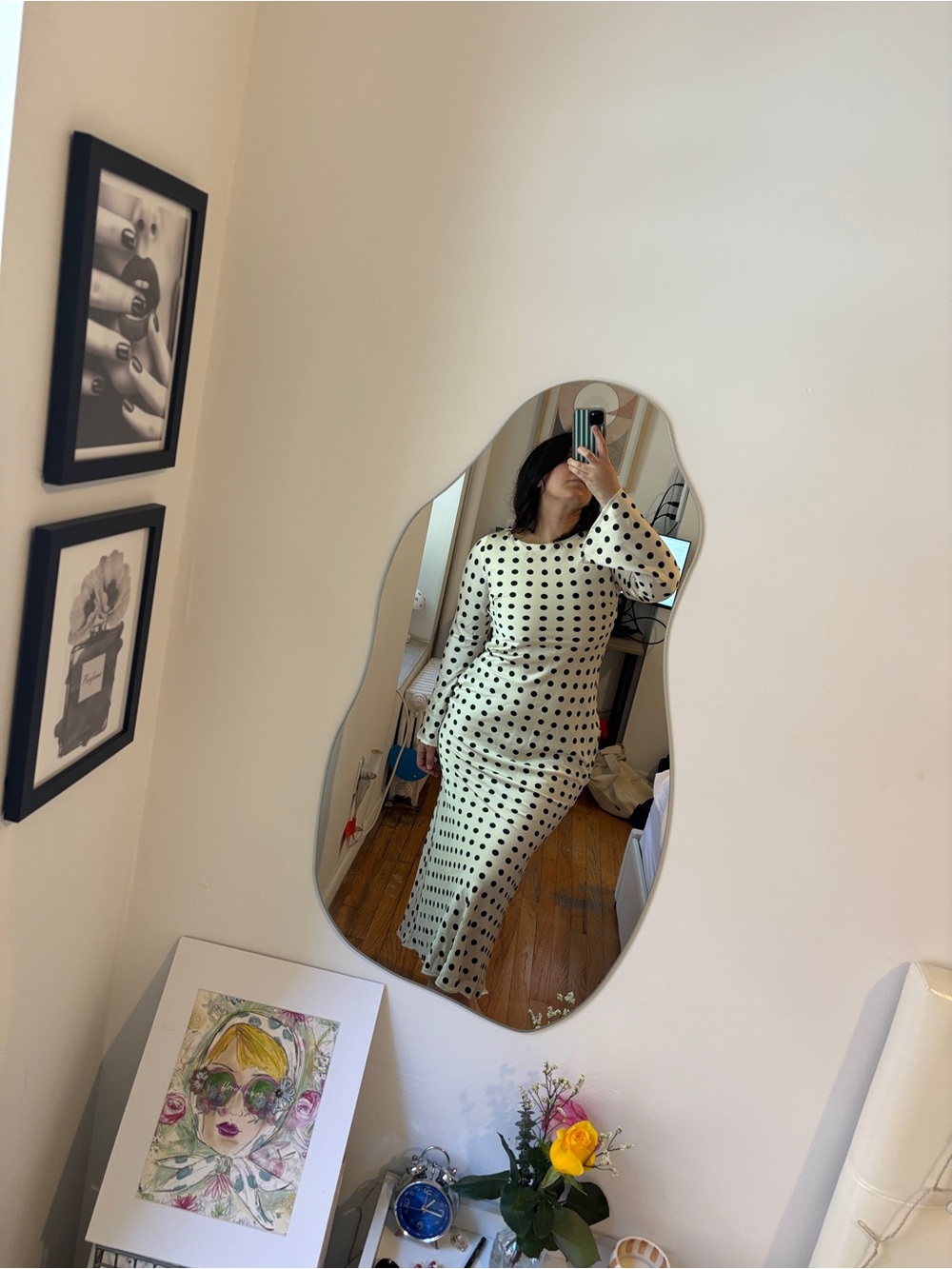 Polka Dot Long Sleeve Maxi Dress in Cream and Black